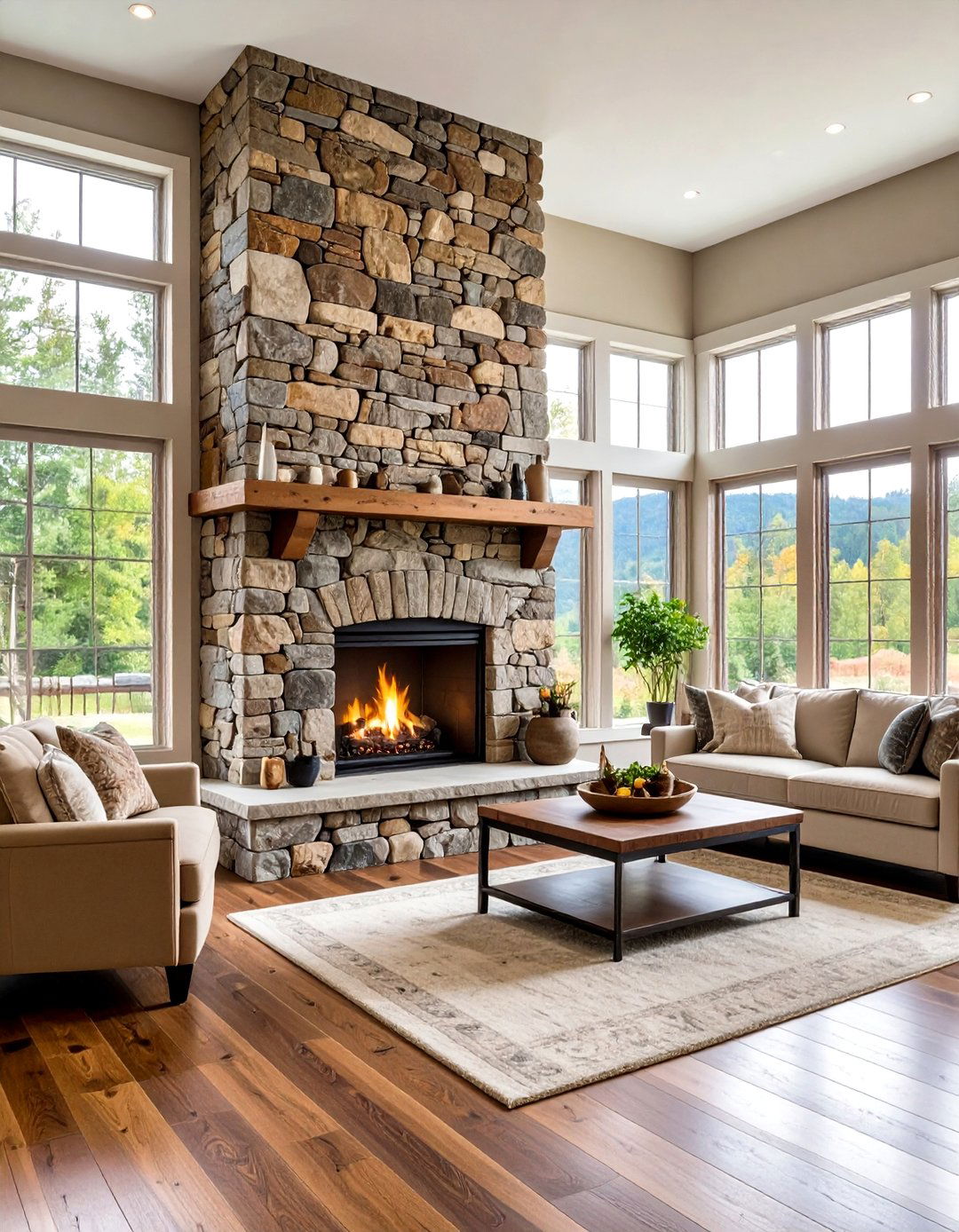Multi Level Stacked Stone Cabin Fireplace - 20 Cabin Fireplace Ideas
