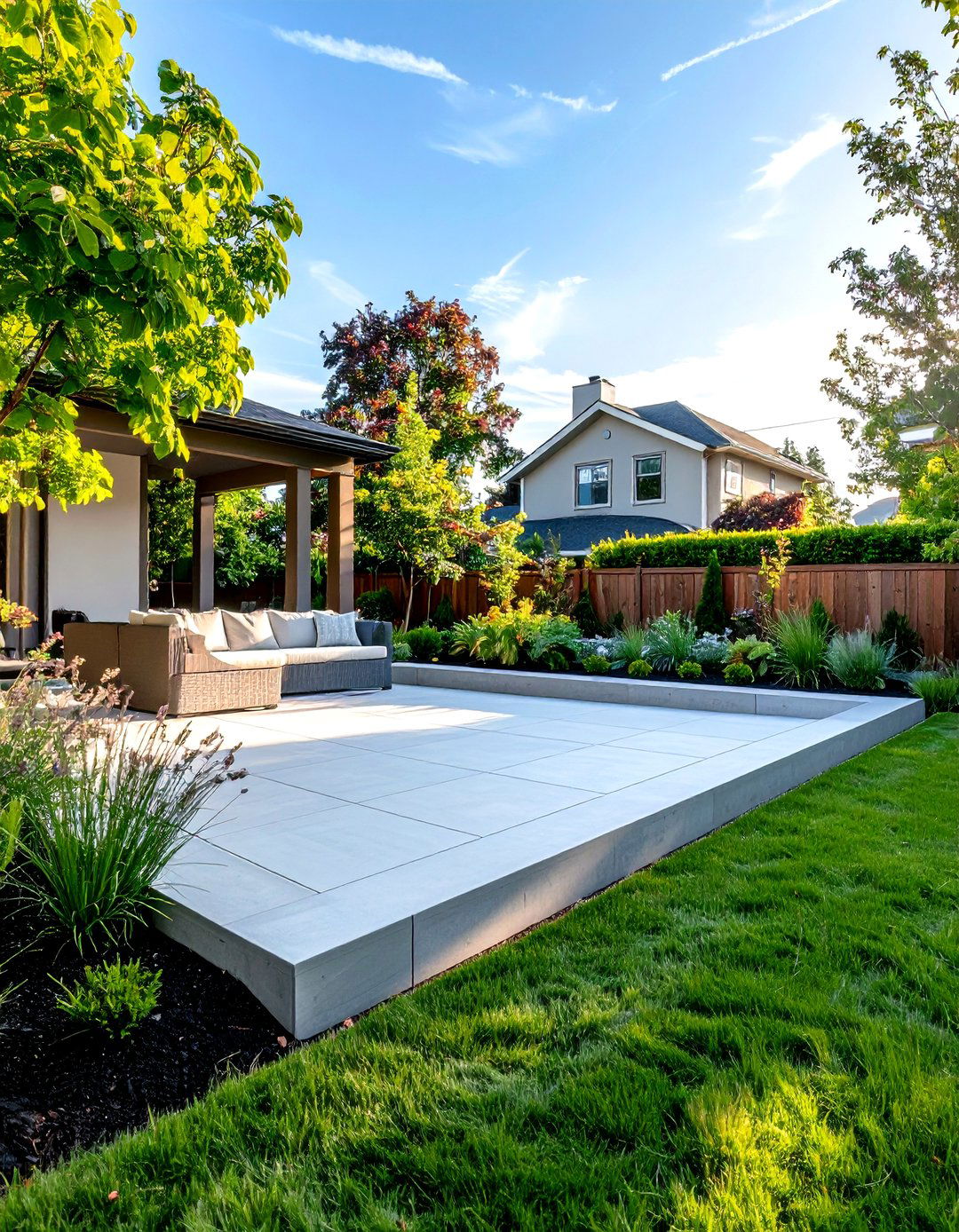 Multi Level Stamped Raised Concrete Patio with Stone Texture - 20 Raised Concrete Patio Ideas