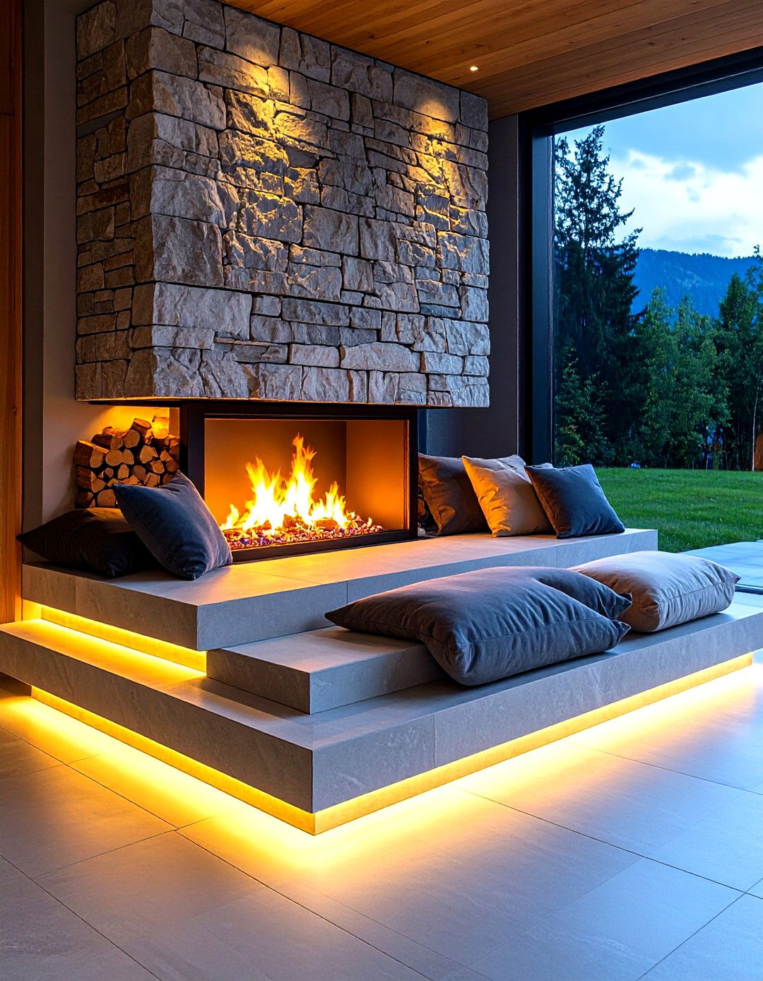 Multi Level Steps Fireplace Seating Platforms - 20 Fireplace Seating Ideas
