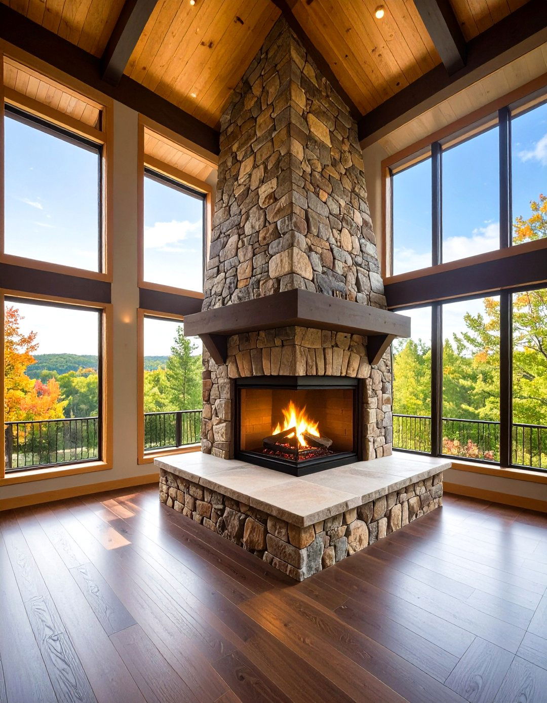 Multi Level Stone Fireplace with Clerestory Windows - 20 Fireplace Between Windows Ideas