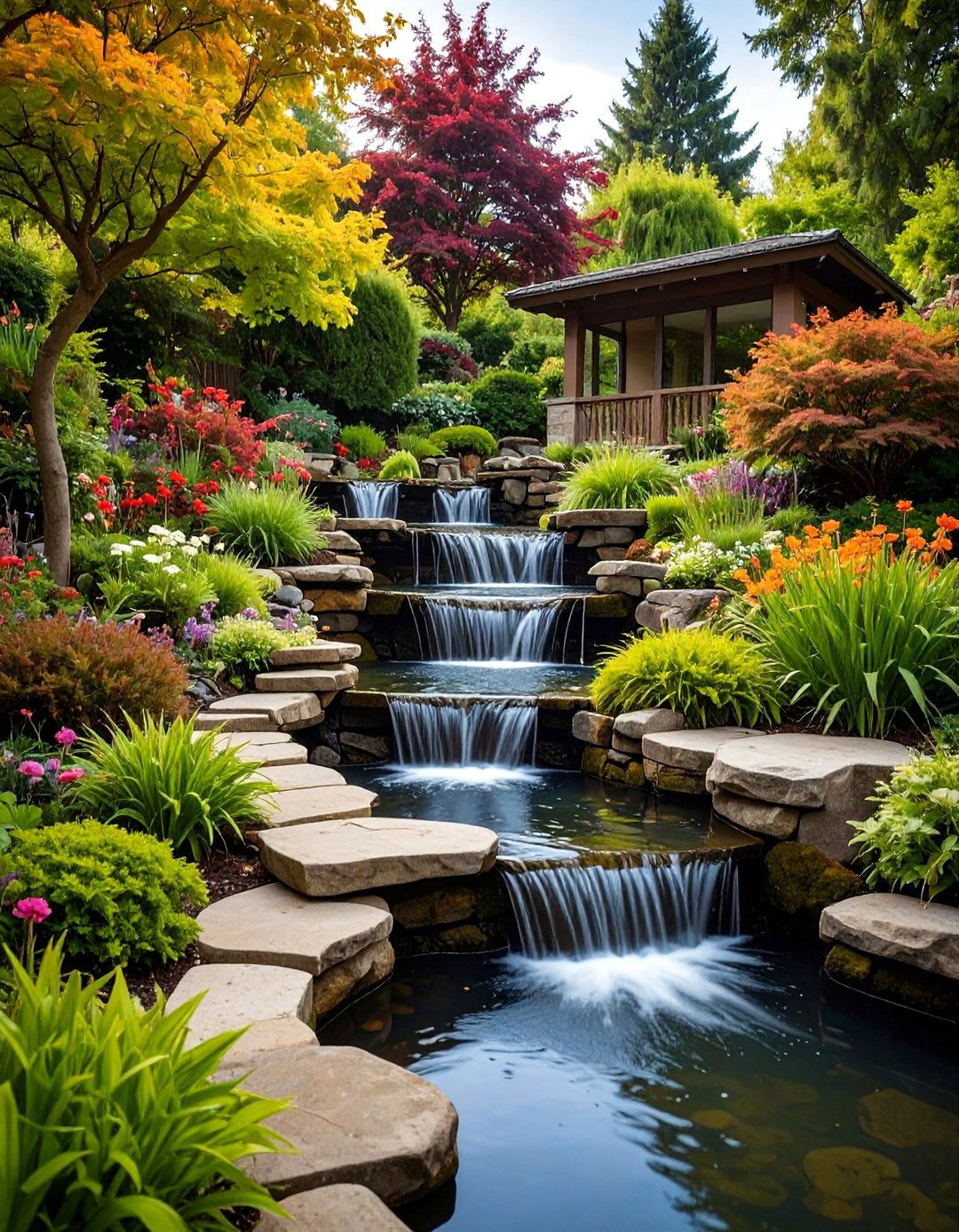 Multi Level Tiered Raised Garden Pond with Cascading Water Features - 20 Raised Garden Pond Ideas