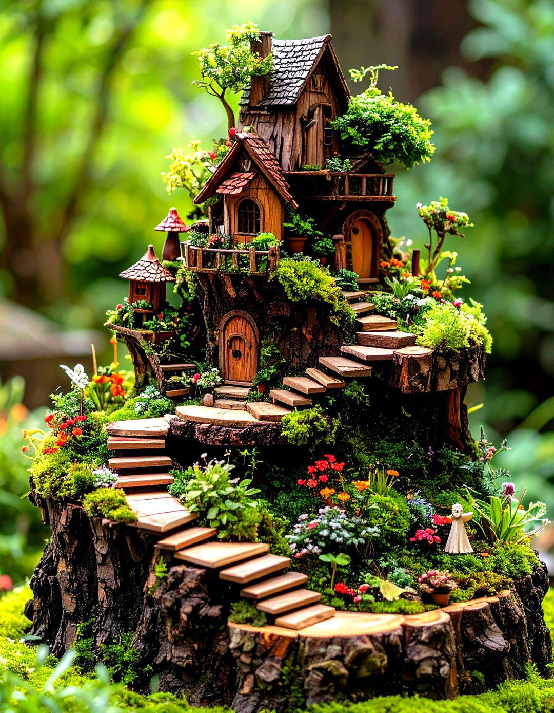 Multi Level Tree Stump Fairy Garden Terraces - 20 Tree Stump Fairy Garden Ideas
