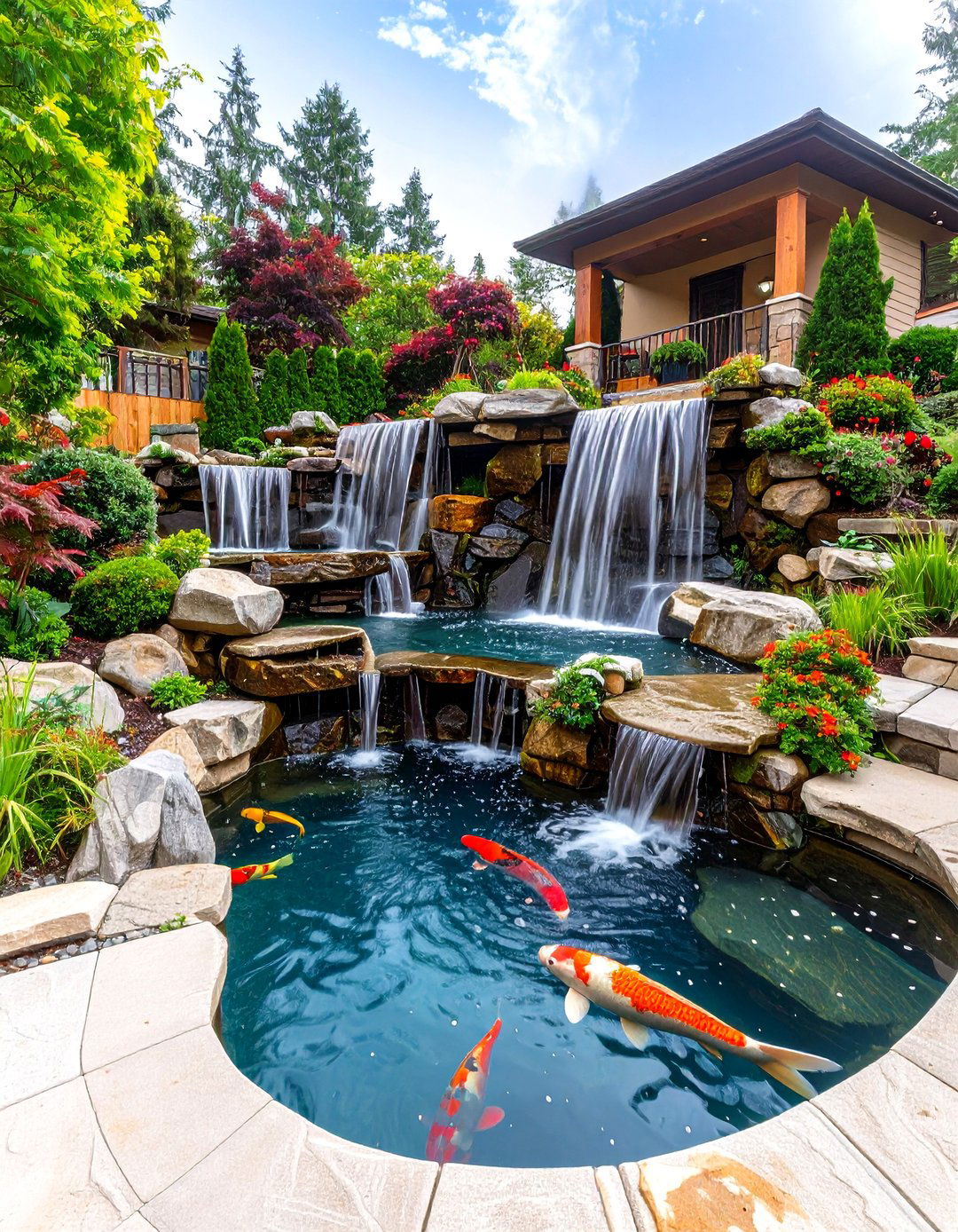 Multi Level Waterfall Koi Pond Complex - 20 Koi Pond Ideas