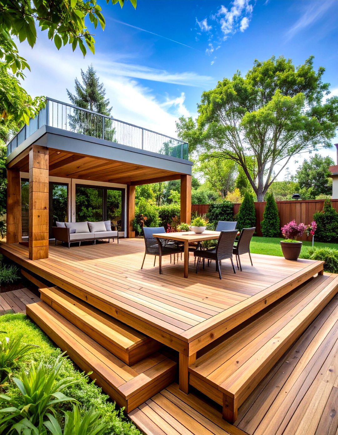 Multi Level Wood Deck with Tiered Entertaining Spaces - 20 Wood Deck Ideas