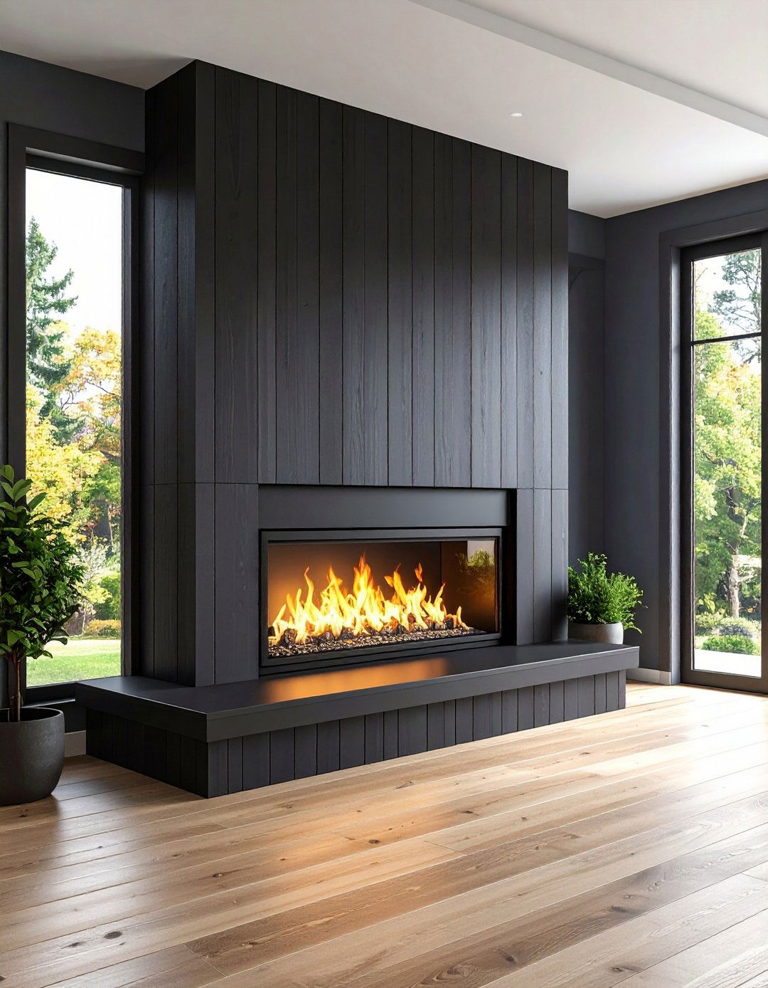 Multi Sided Black Shiplap Fireplace as a Room Divider - 20 Black Shiplap Fireplace Ideas