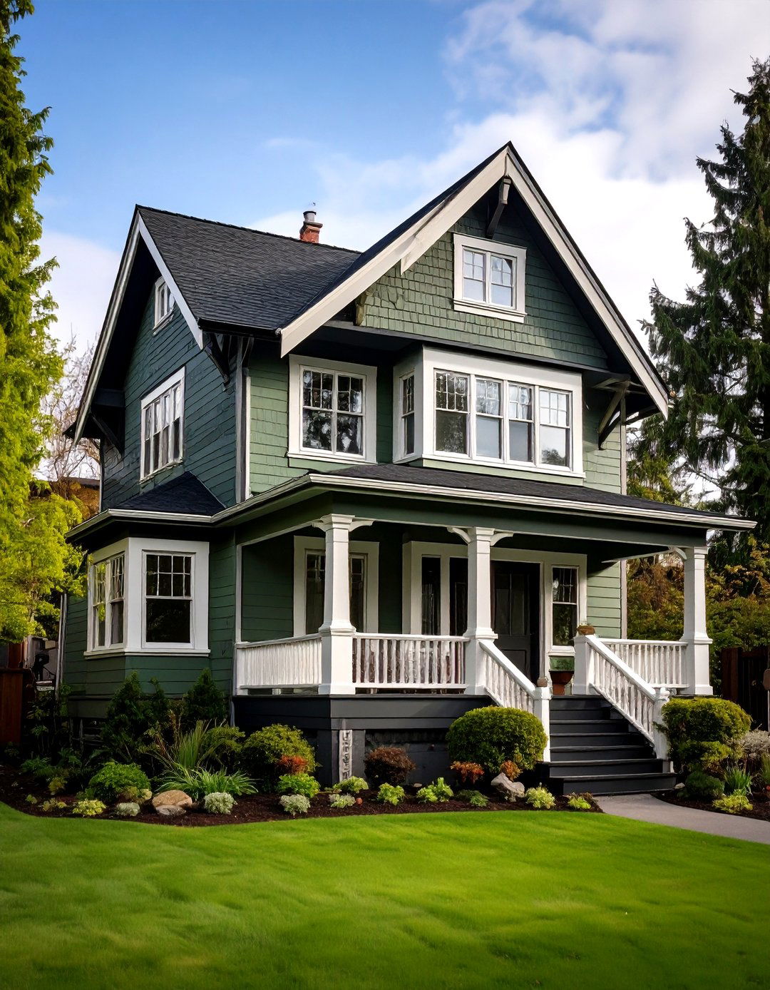 Multi Story Sage Green House with Black and White Trims - 20 Sage Green House With Black Trim Ideas