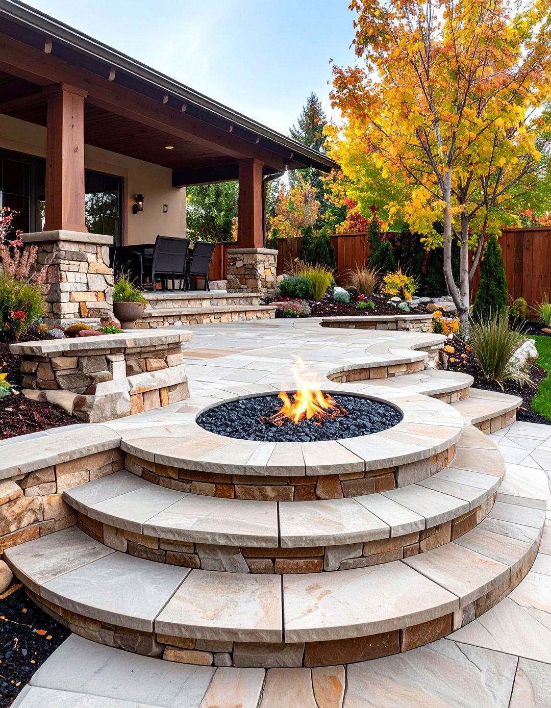 Multi Tiered Stamped Concrete Terrace with Central Fire Pit - 20 stamped concrete patio with fire pit ideas