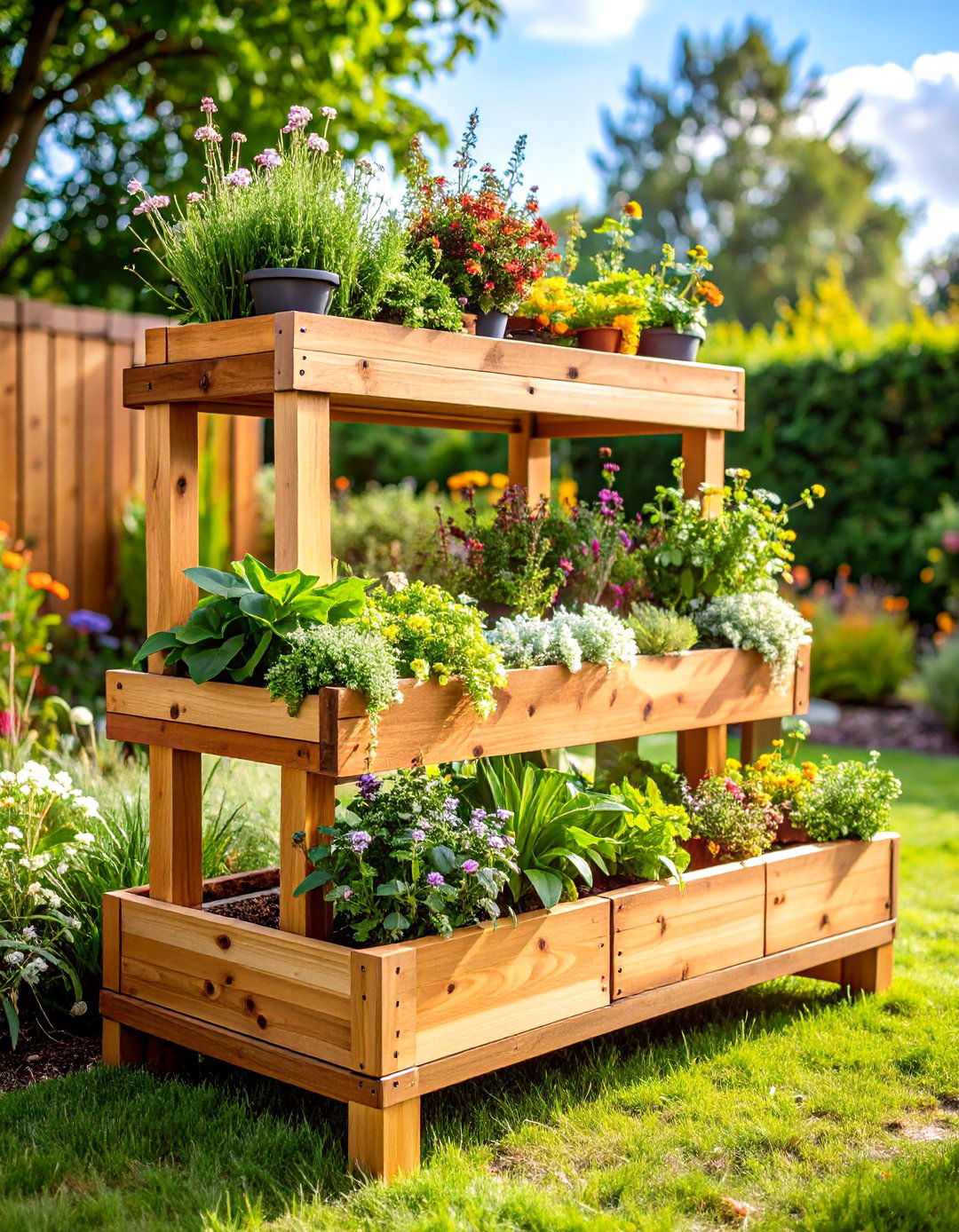 Multi Tiered Wooden Outdoor Plant Stand from Cedar - 20 Outdoor Plant Stand Ideas