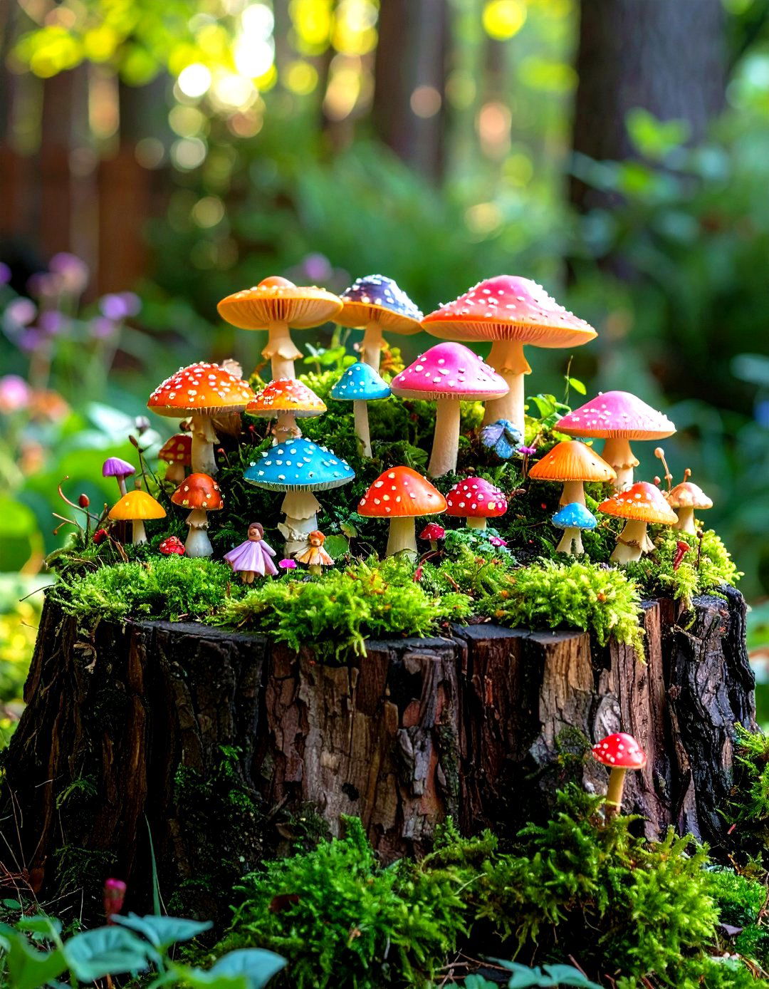 Mushroom and Toadstool Tree Stump Fairy Garden - 20 Tree Stump Fairy Garden Ideas