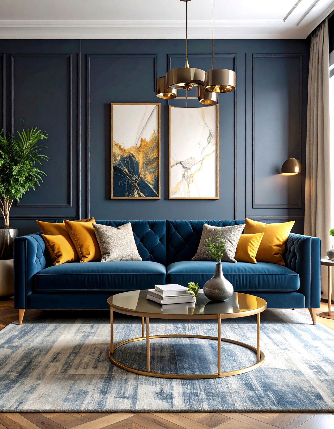 Mustard Velvet Sofa as the Hero of a Grey and Yellow Living Room - 20 Grey and Yellow Living Room Ideas