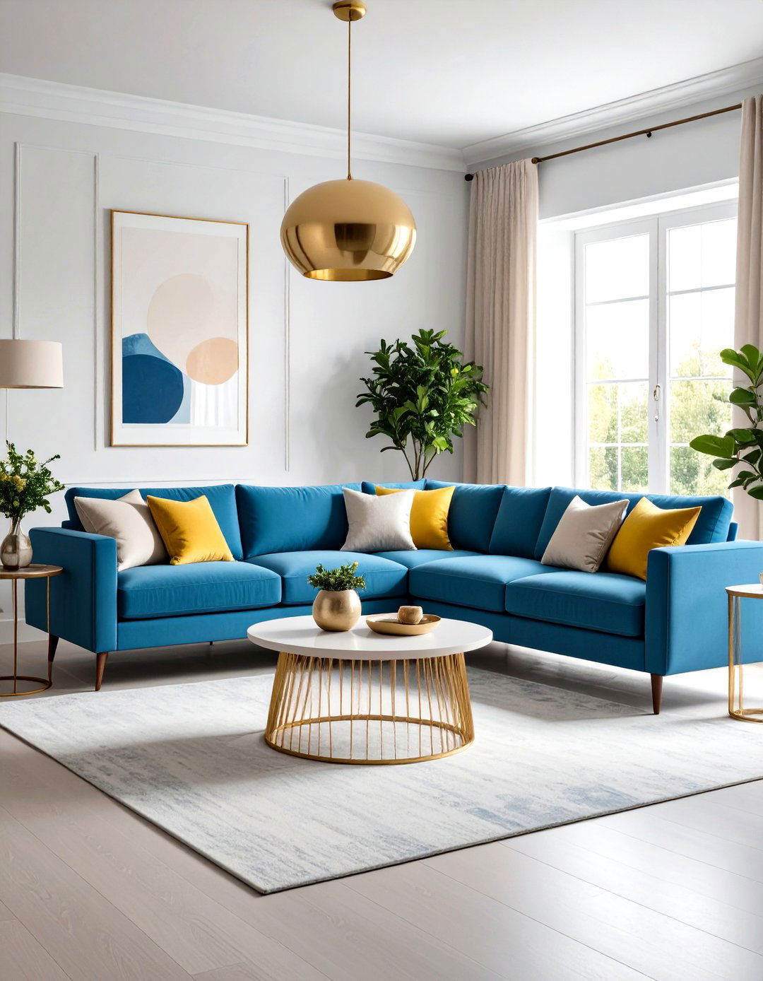Mustard Yellow Accent Wall with Powder Blue Furniture Living Room - 20 Yellow and Blue Living Room Ideas