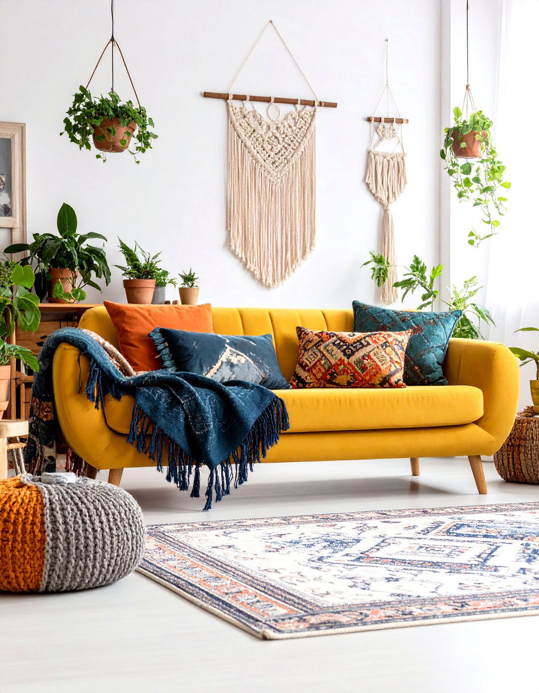 Mustard Yellow Couch with Bohemian Textiles - 20 Yellow Couch Living Room Ideas