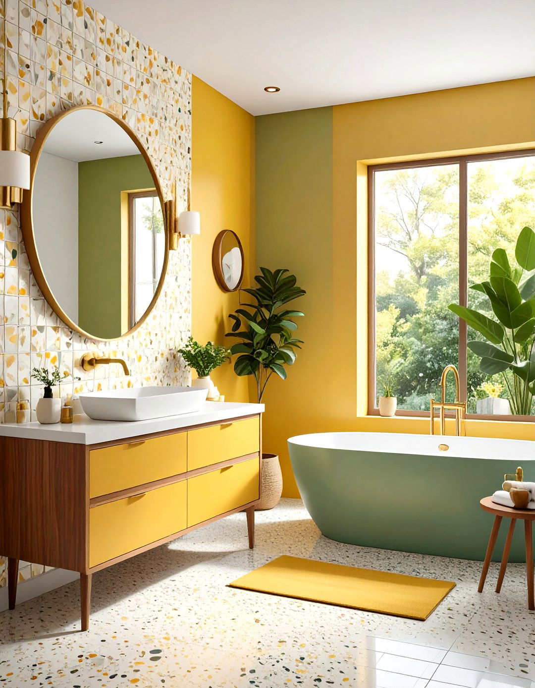 Mustard Yellow and Sage Green Mid Century Modern Bathroom - 20 Mid-century Modern Bathroom Ideas