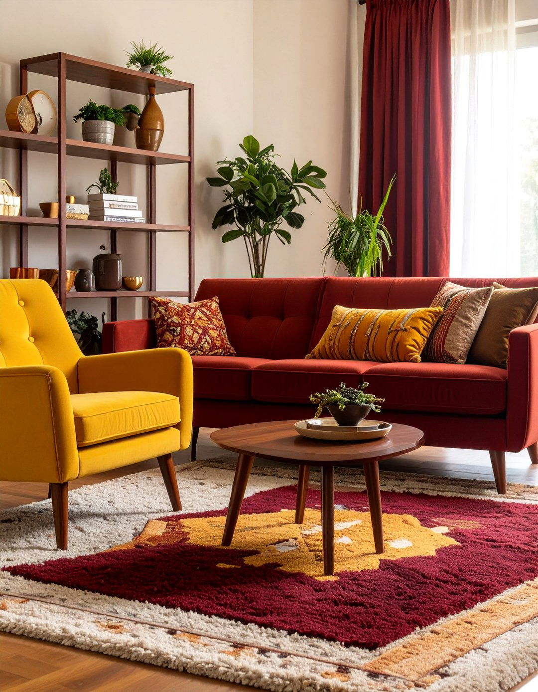 Mustard and Burgundy Mid Century Warmth - 20 Burgundy Sofa Living Room Ideas