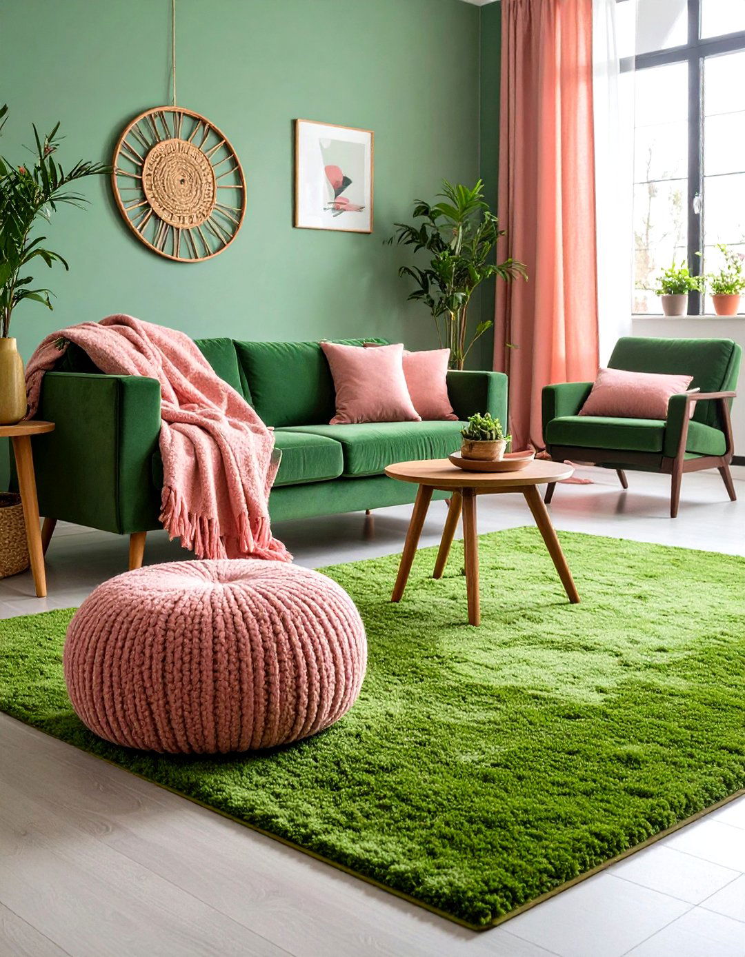 Mustard and Pink Pops on Green Carpet - 20 Green Carpet Living Room Ideas