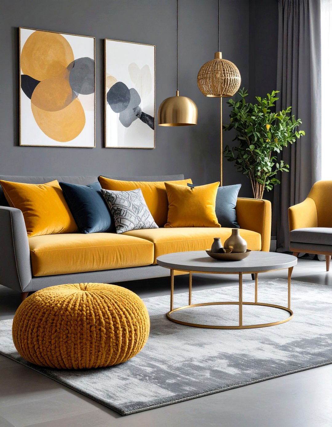 Mustard or Ochre Bursts Brighten a Gray Living Room - 20 Gray Living Room Ideas