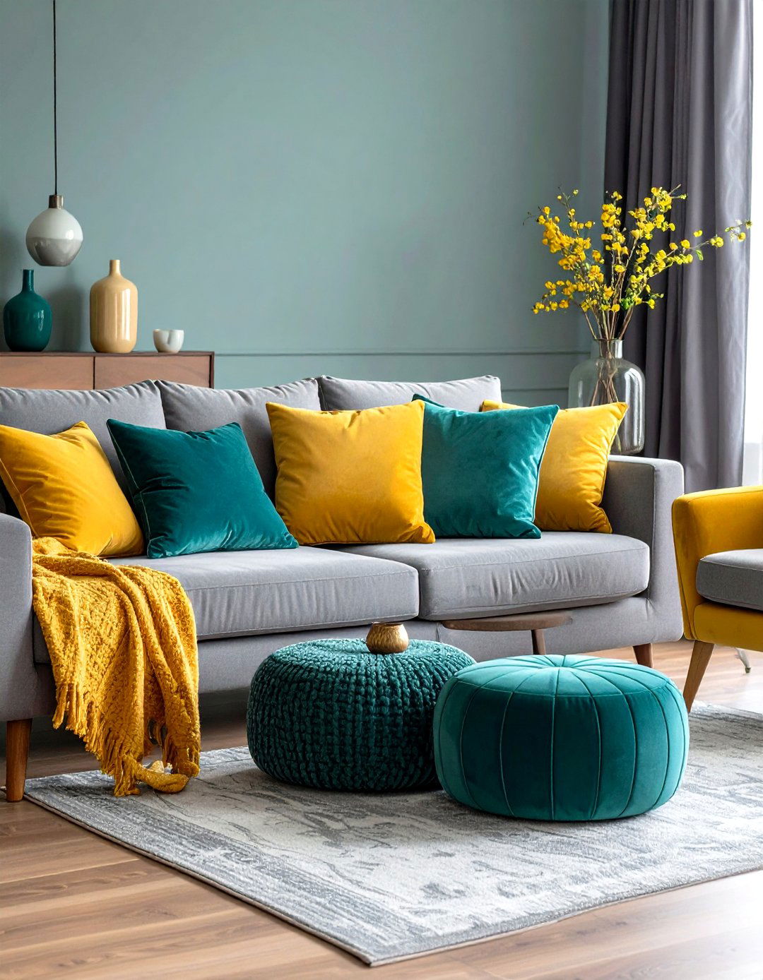 Mustard or Teal Accents on Grey Sectional - 20 Grey Sectional Living Room Ideas