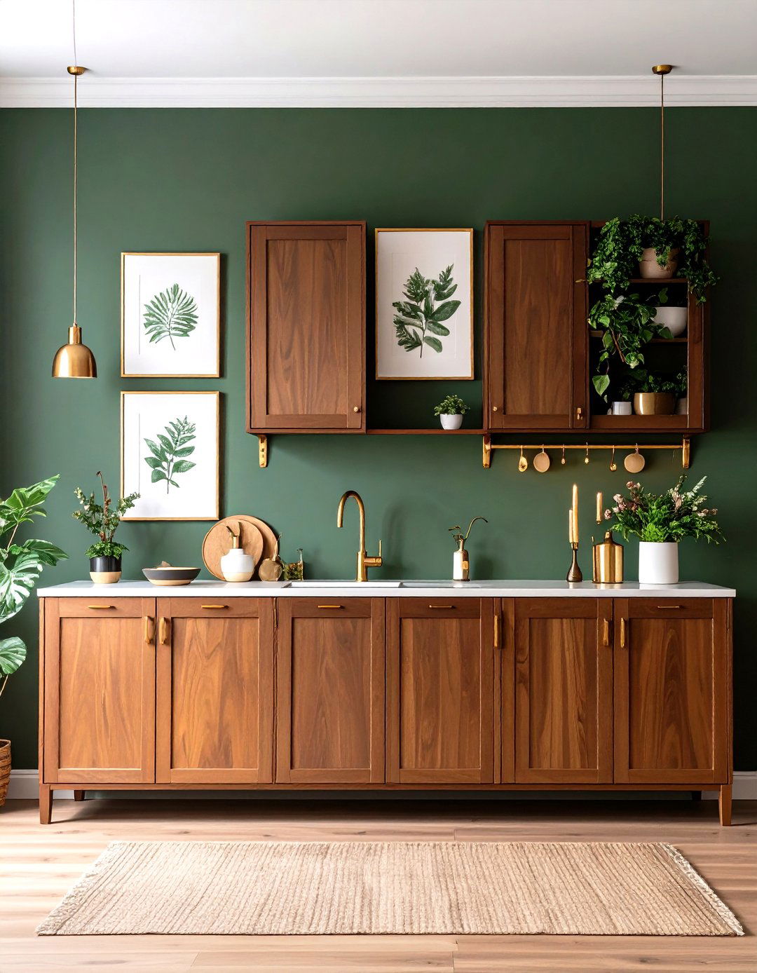 Muted Green Kitchen Wallpaper Accent Paired with Brown Cabinets - 20 Green and Brown Kitchen Ideas