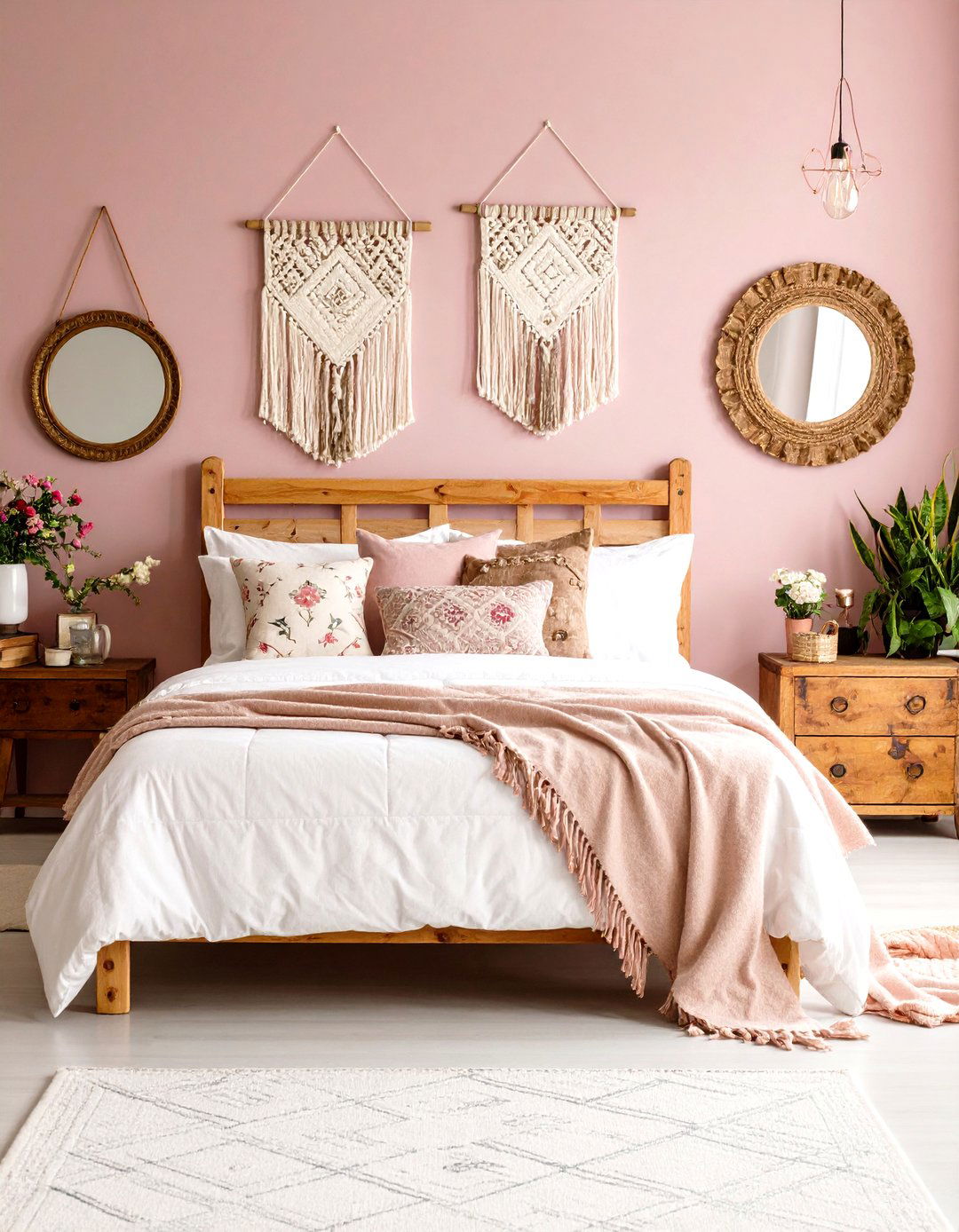 Muted Pink Boho Bedroom with Vintage Textile Collection - 20 Pink Boho Bedroom Ideas