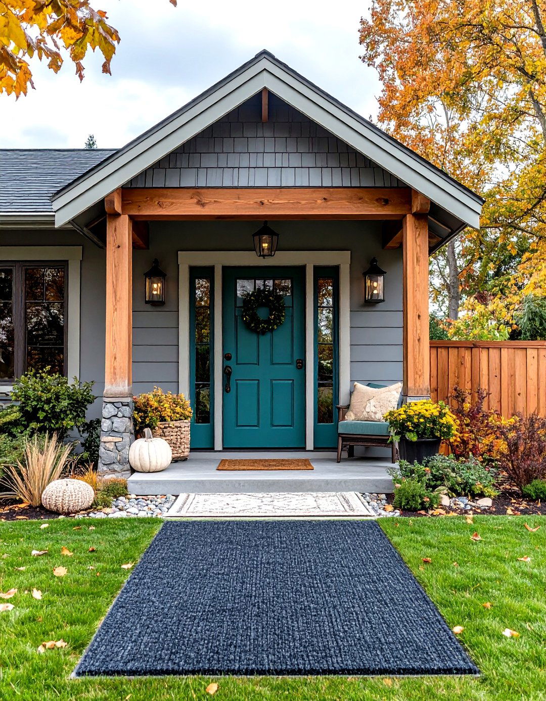 Muted Teal Door with Grey House and Timber Awning - 20 Grey House With Blue Door Ideas