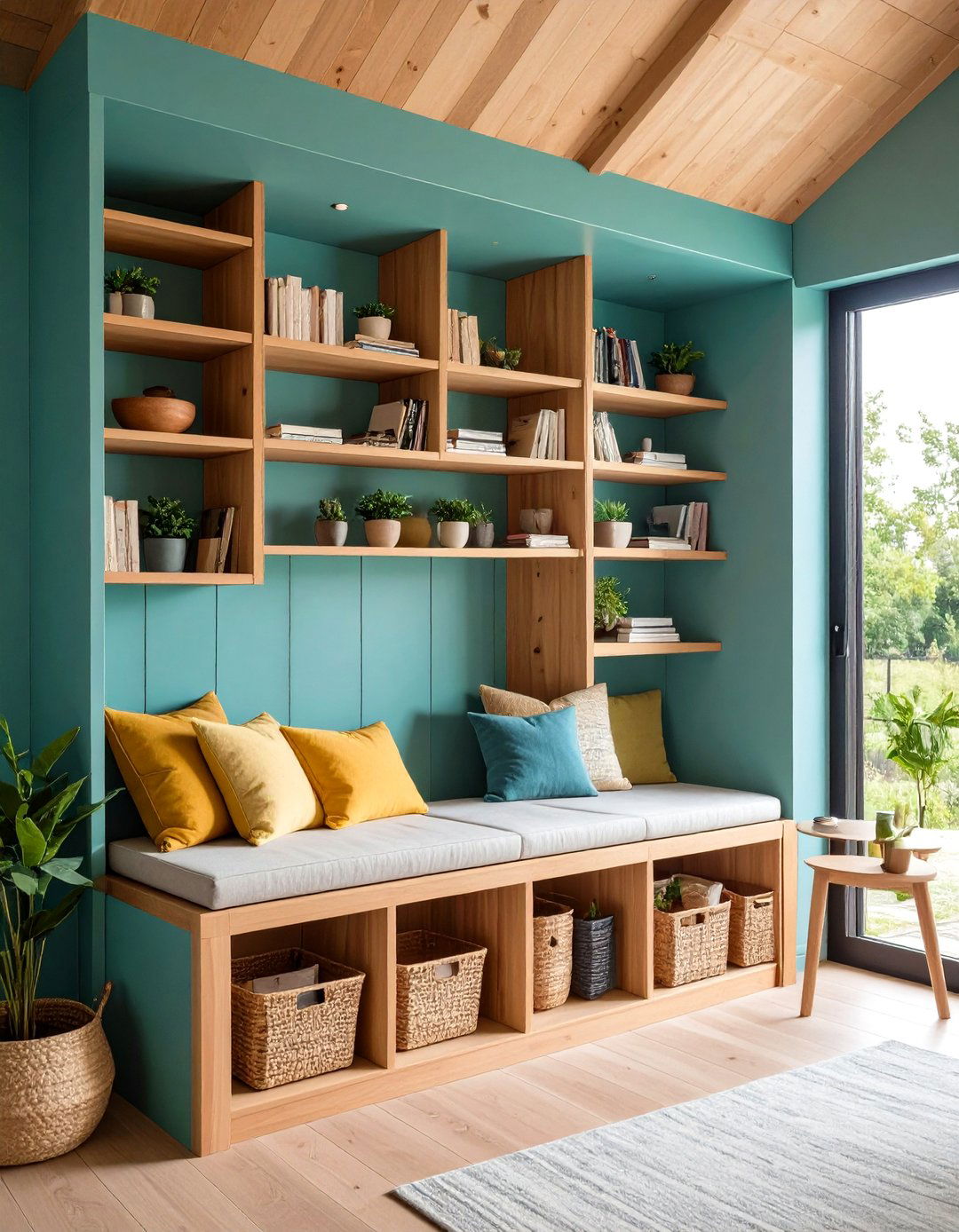 Narrow Bookcase Dining Bench Hybrid - 20 Tiny House Storage Ideas