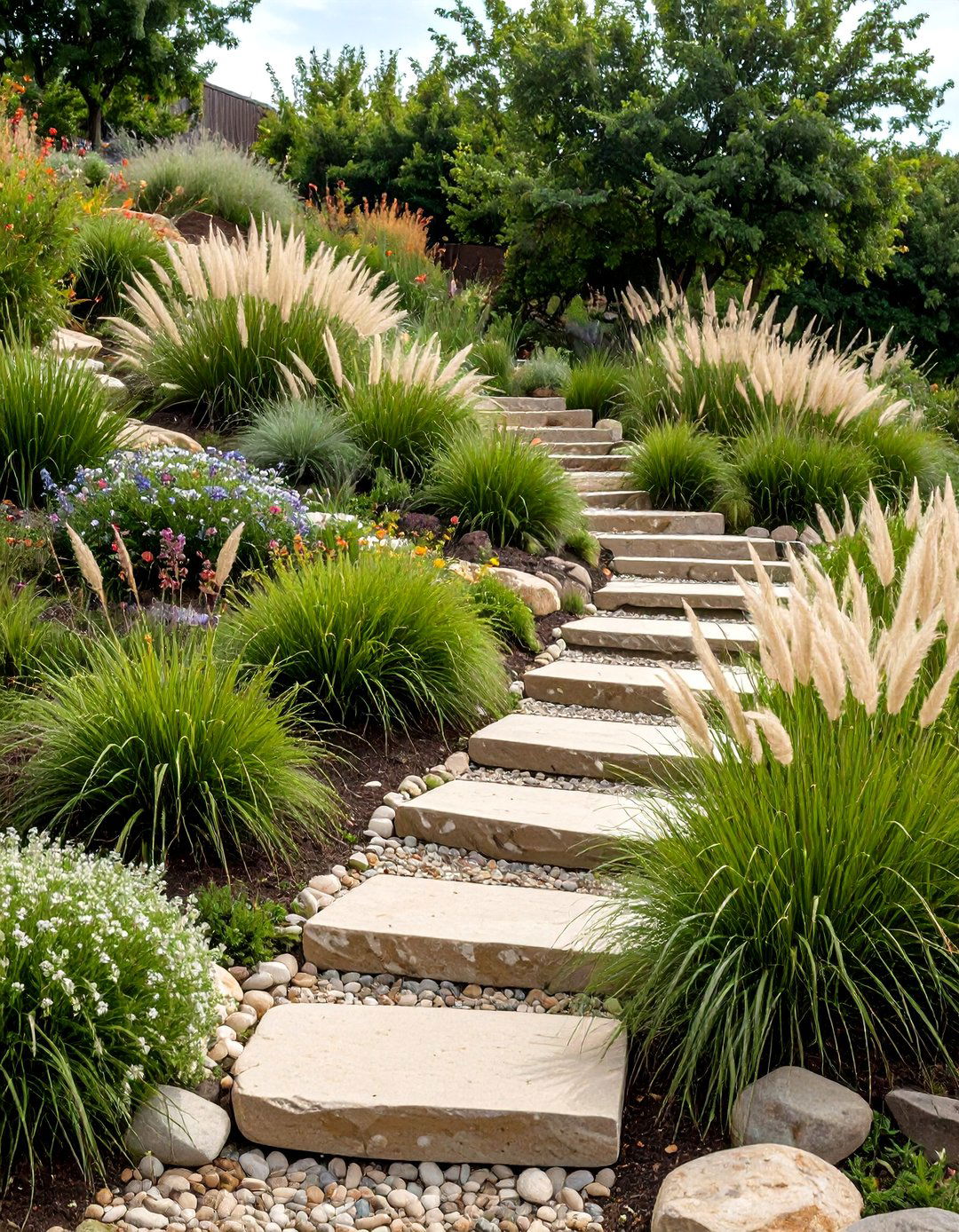 Native Grass Terraced Garden Anchors Slopes Naturally - 20 Hillside Terraced Garden Ideas