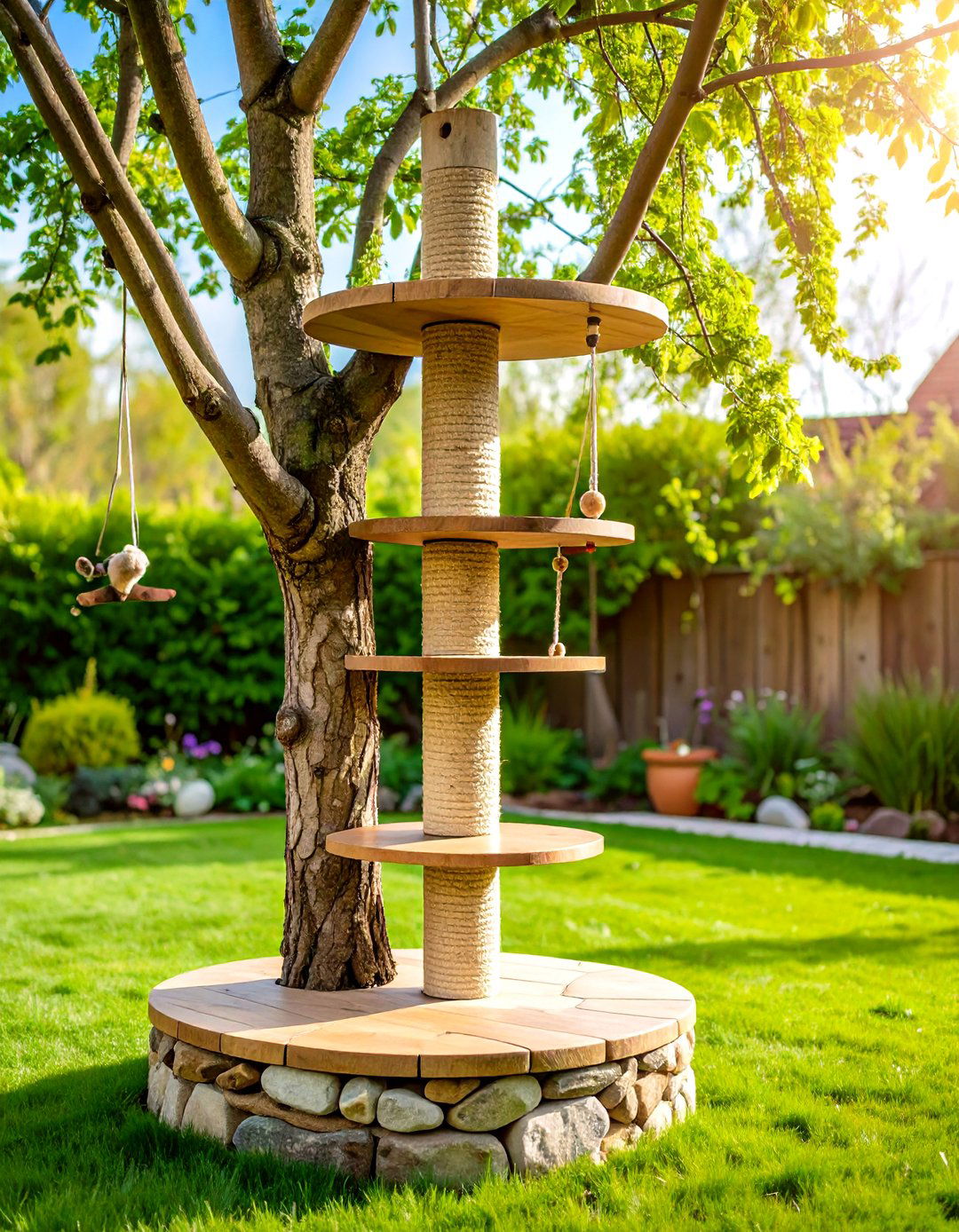 Natural Branch Outdoor Cat Tree with Stone Base - 20 Outdoor Cat Tree Ideas