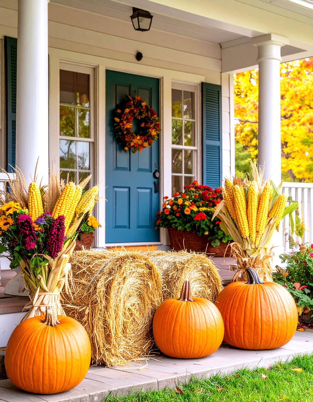 Natural Corn Stalk and Hay Bale Fall Porch Foundation - 20 Fall Porch Decor Ideas