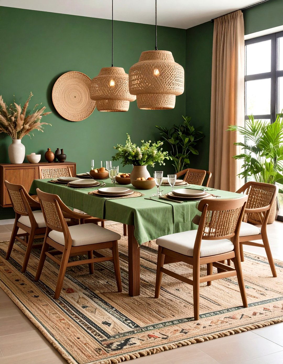 Natural Fiber Rugs to Ground a Green Dining Room - 20 Green Dining Room Ideas