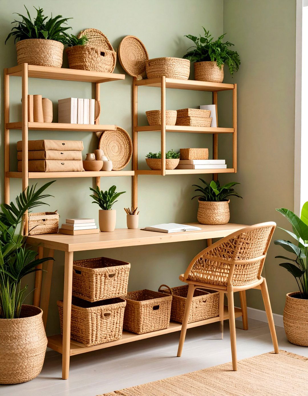 Natural Fiber Shelves for Bohemian Home Office Storage - 20 Bohemian Home Office Ideas