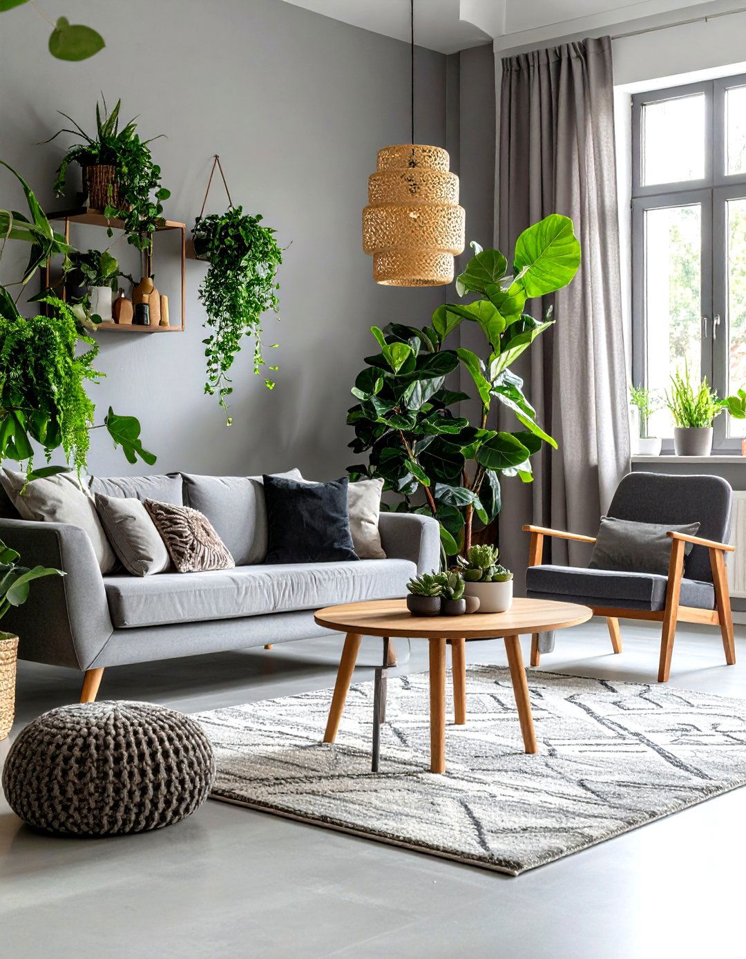 Natural Greenery to Breathe Life into the Scheme - 20 Grey Living Room With Dark Wood Floors