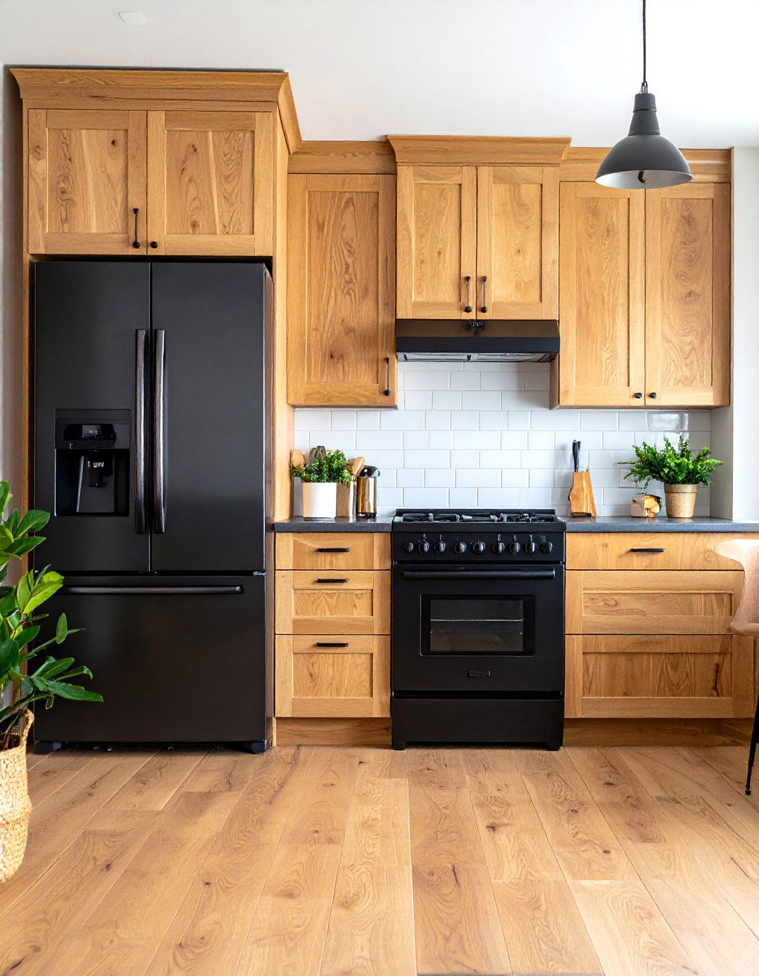 Natural Oak Cabinet Warmth with Black Appliance Sophistication - 20 What Color Cabinets Go With Black Appliances
