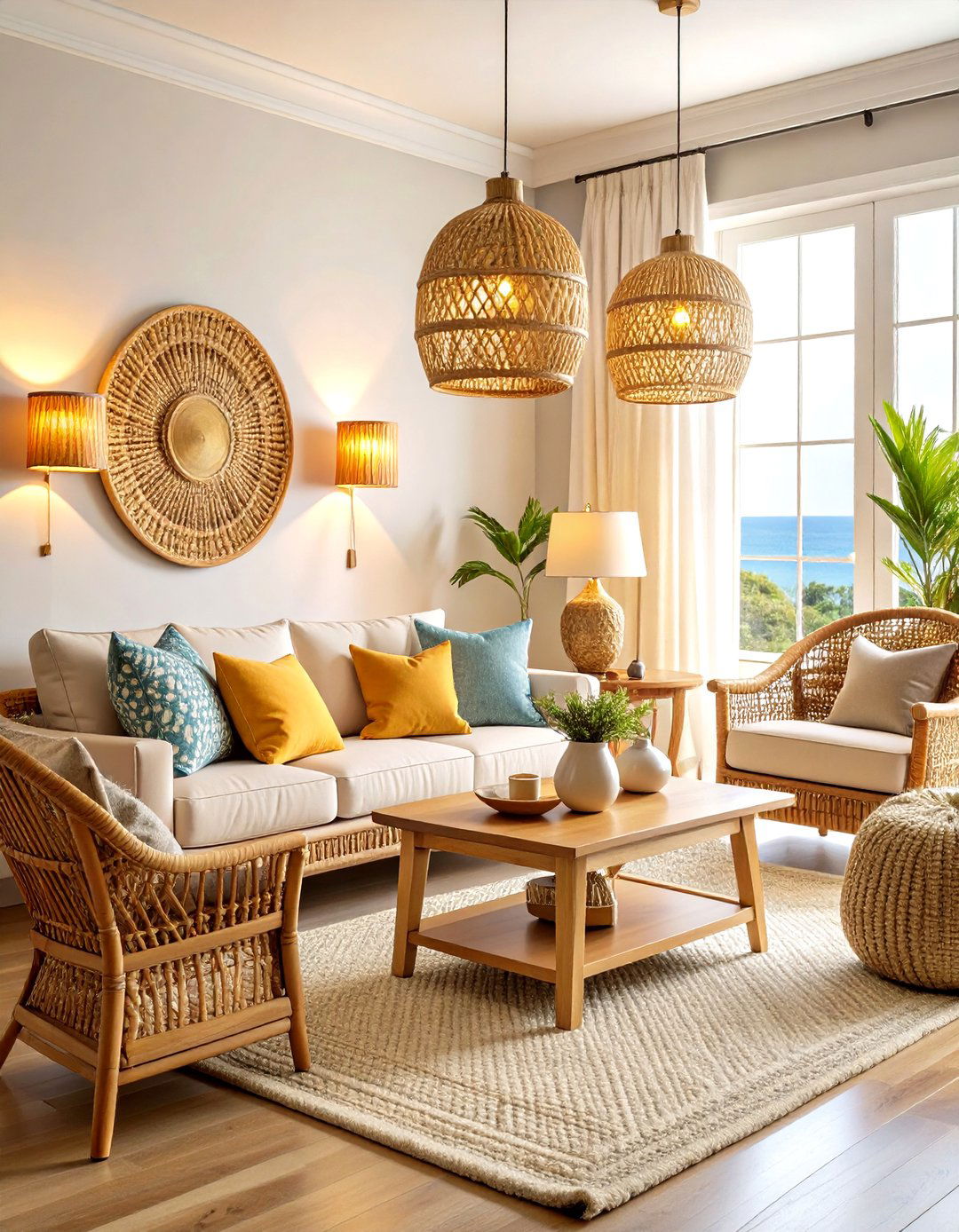 Natural Rattan Living Room Wall Lighting Ideas for Coastal Vibes - 20 Living Room Wall Lighting Ideas