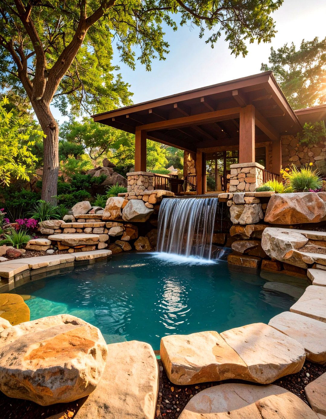 Natural Rocky Grotto Fountains Private Pool Retreat - 20 Pool Fountain Ideas