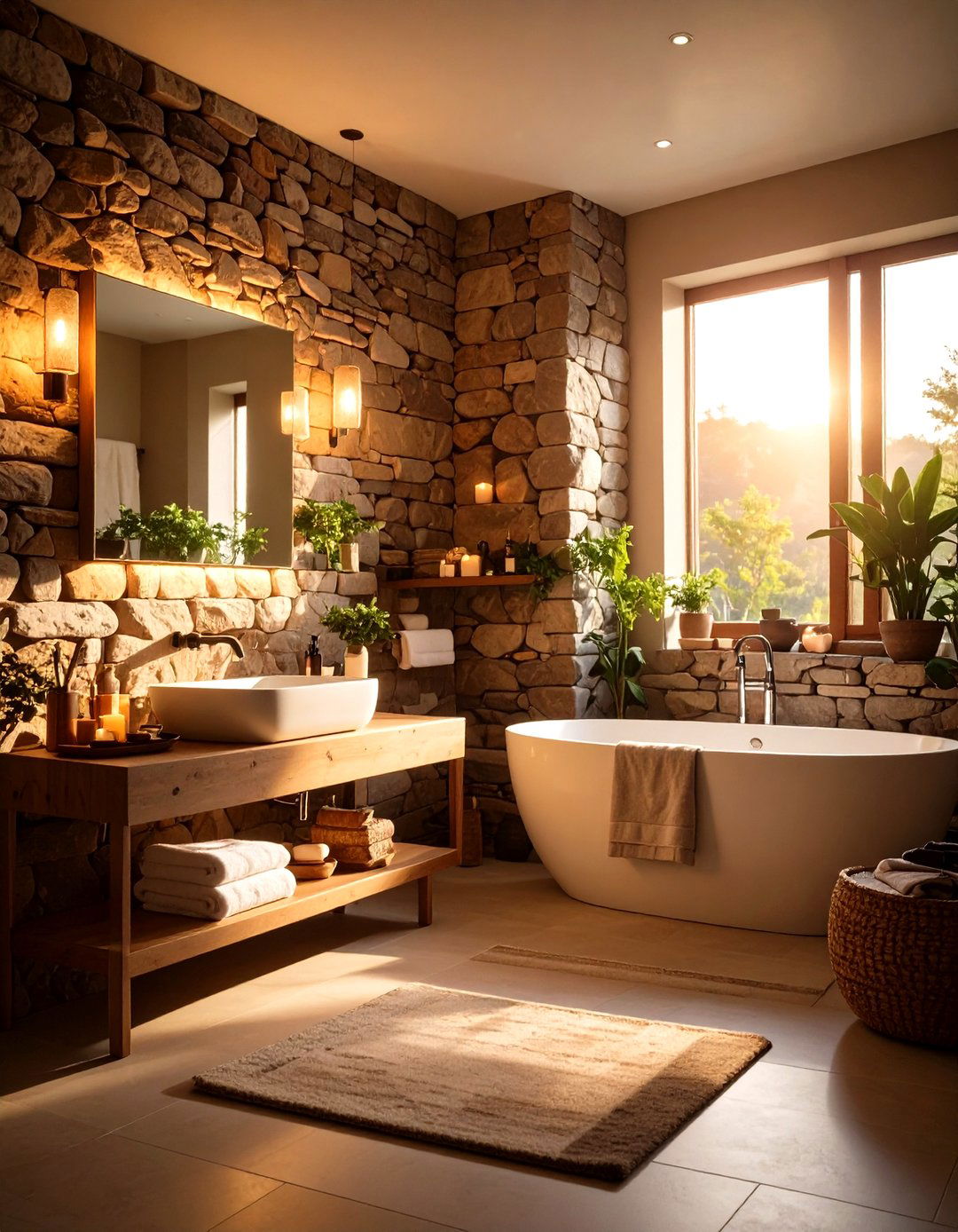Natural Stone Accent Wall Features - 20 Cozy Bathroom Ideas