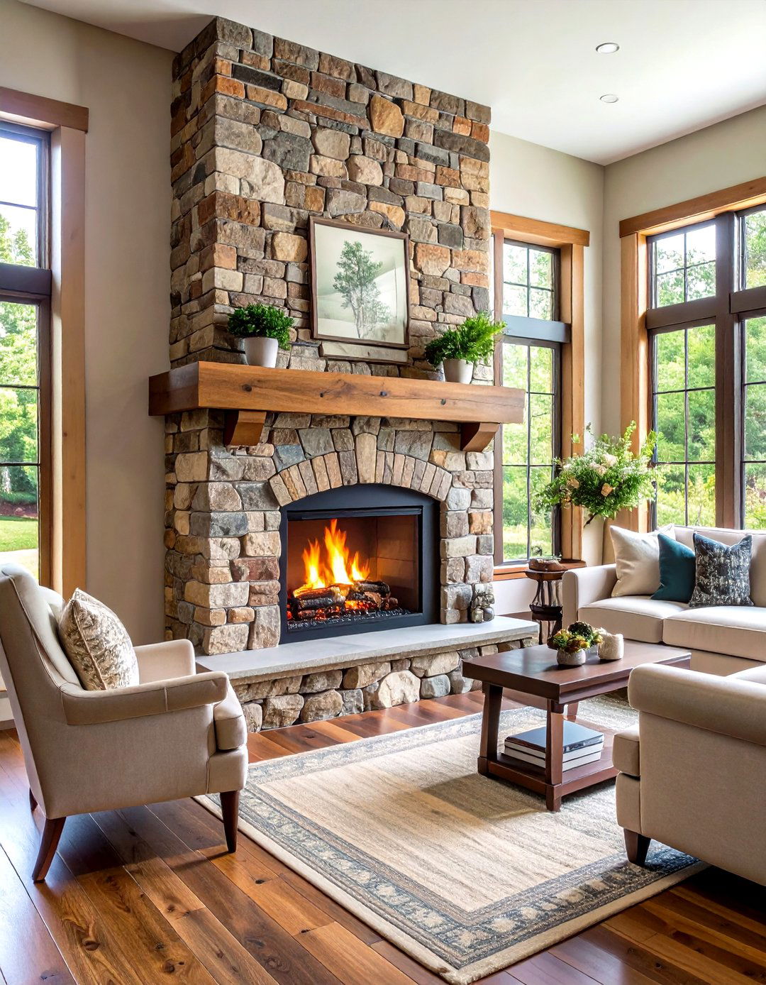 Natural Stone Base Rustic Brick Fireplace Combination - 20 Rustic Brick Fireplace Ideas