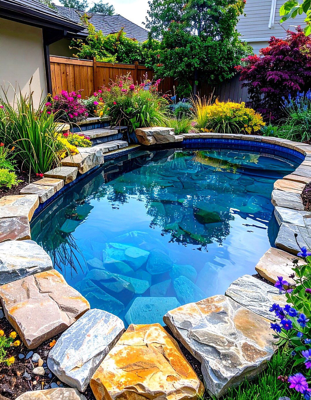 Natural Stone Border Reflecting Pool - 20 Small Garden Reflecting Pool Ideas