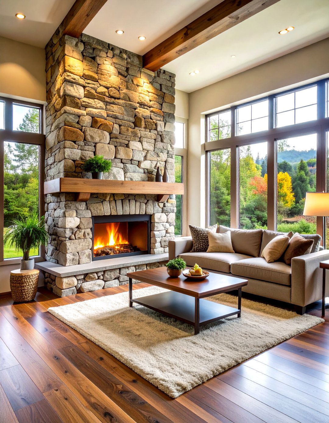 Natural Stone Corner Fireplace with Rustic Elegance - 20 Corner Fireplace Ideas