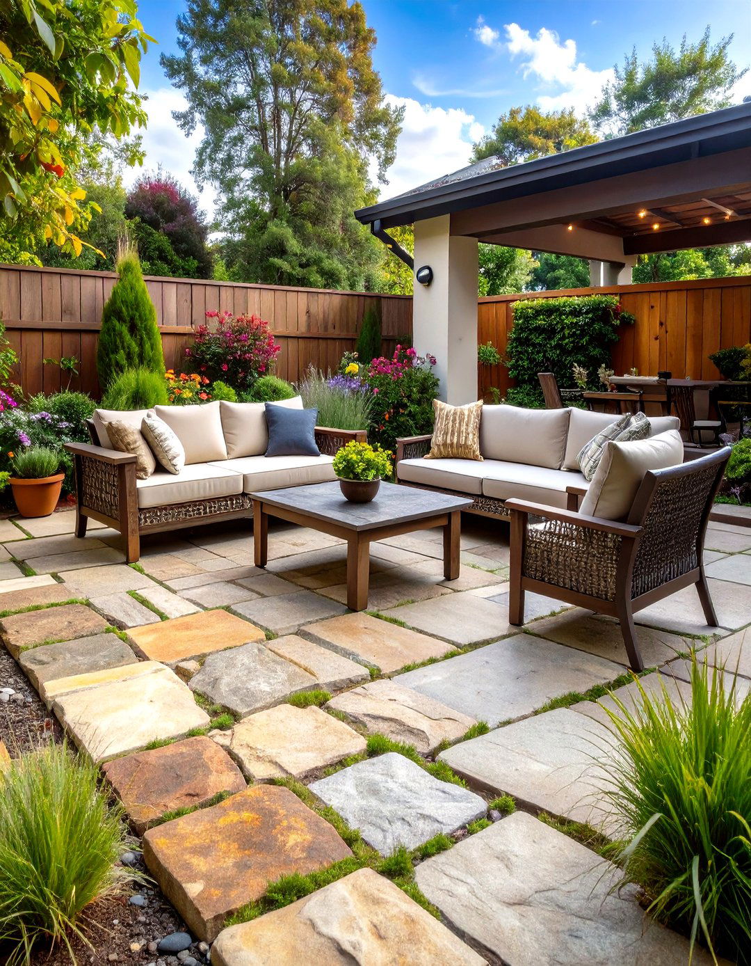 Natural Stone Flagstone Paver Patio with Organic Flow - 20 Paver Patio Ideas