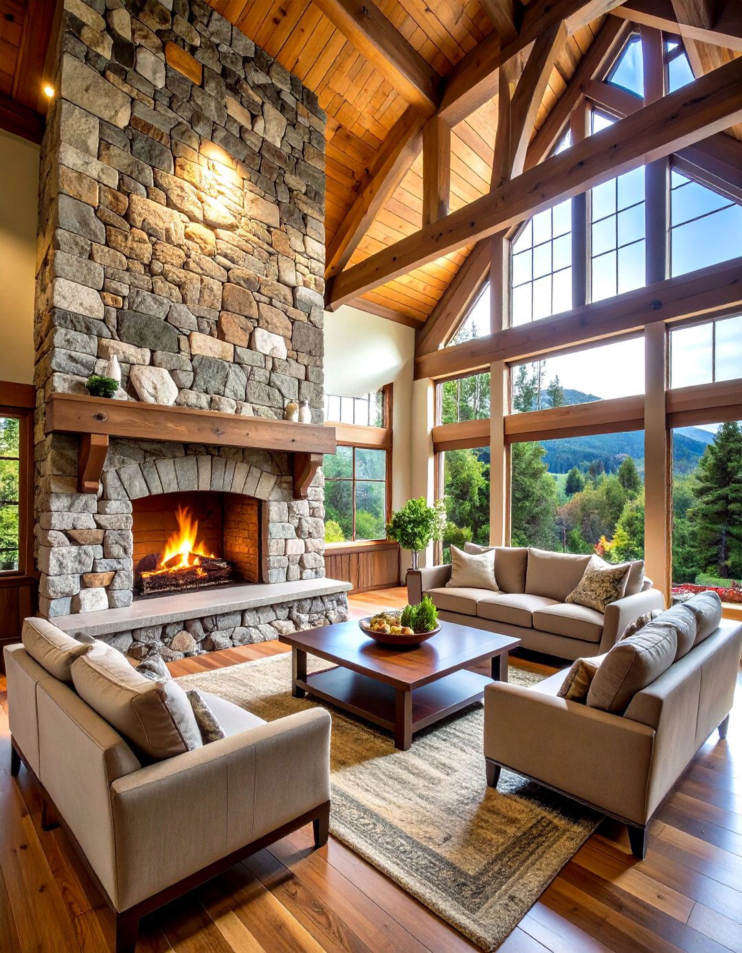 Natural Stone Rustic Fireplace with Cathedral Ceiling Integration - 20 Rustic Fireplaces