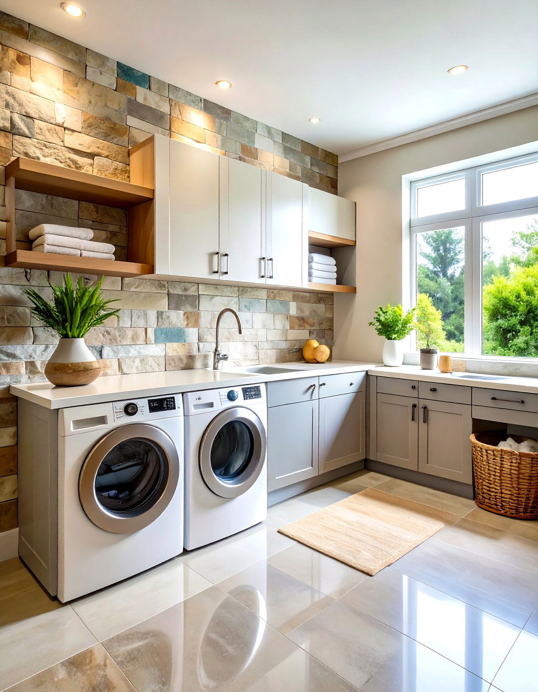 Natural Stone Stacked Ledger Laundry Room Backsplash - 20 Laundry Room Backsplash Ideas