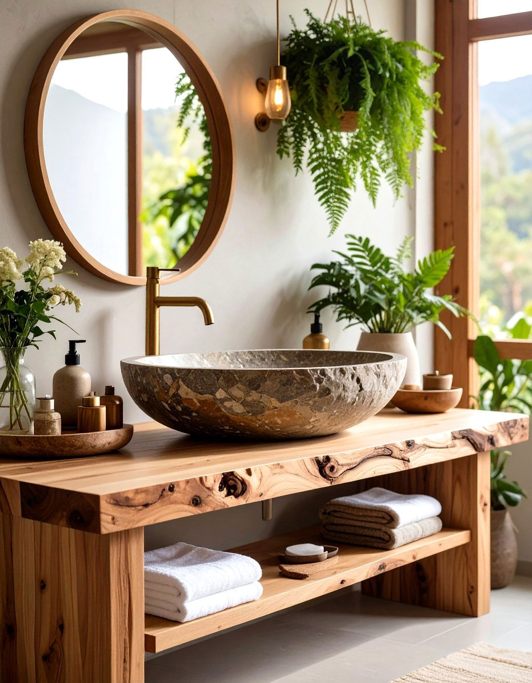Natural Stone Vessel Rustic Bathroom with Sculptural Sinks - 20 Rustic Bathroom Ideas