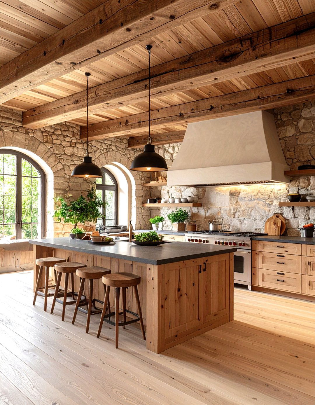 Natural Stone and Beam Mediterranean Kitchen with Rustic Grandeur - 20 Mediterranean Kitchen Ideas