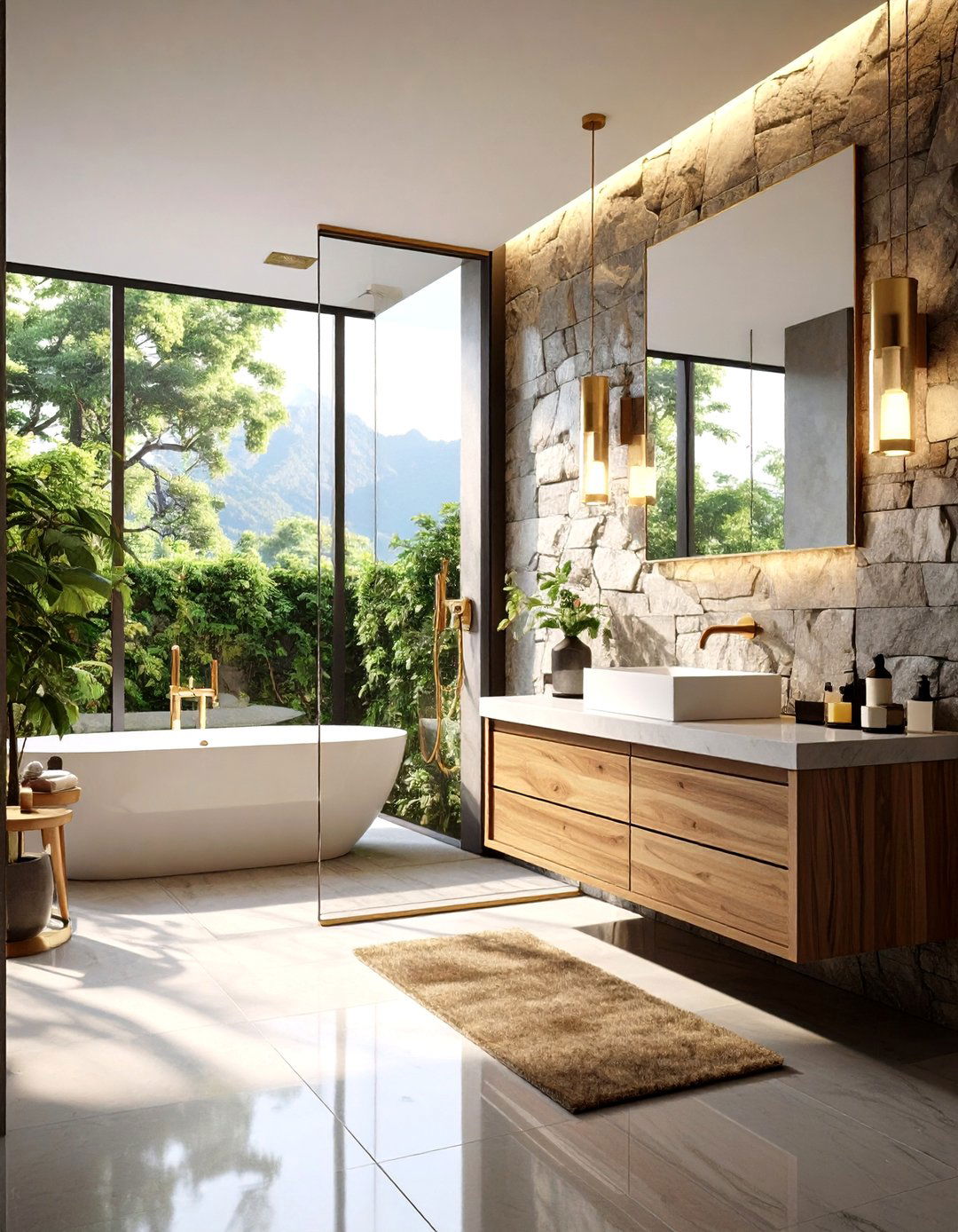 Natural Stone and Brass Mid Century Modern Bathroom - 20 Mid-century Modern Bathroom Ideas