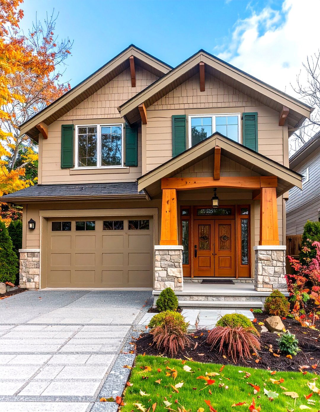 Natural Taupe Exterior with Olive Green Details - 20 Exterior Taupe House Color Combinations