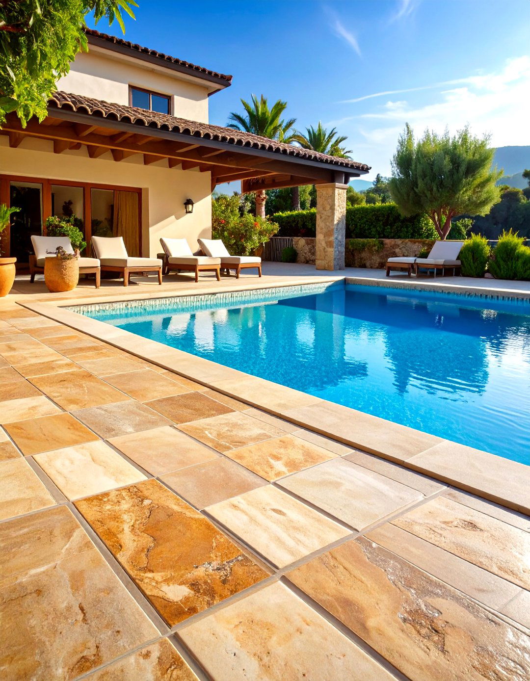 Natural Travertine Waterline Pool Tile Theme - 20 Waterline Pool Tile Ideas