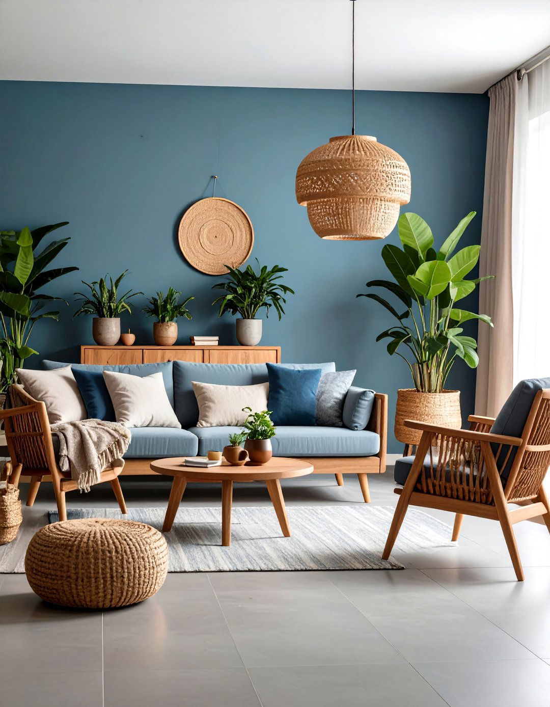 Natural Wood Accent Grey Floor Living Room with Blue Walls Organic Warmth - 20 grey floor living room with blue walls ideas