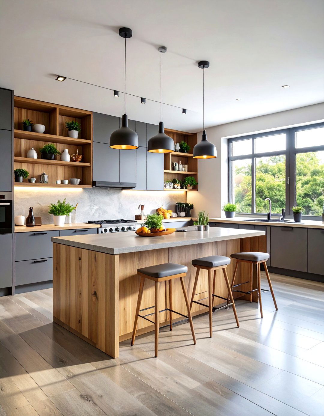 Natural Wood Accent Kitchens With Grey Floors - 20 Kitchens With Grey Floors