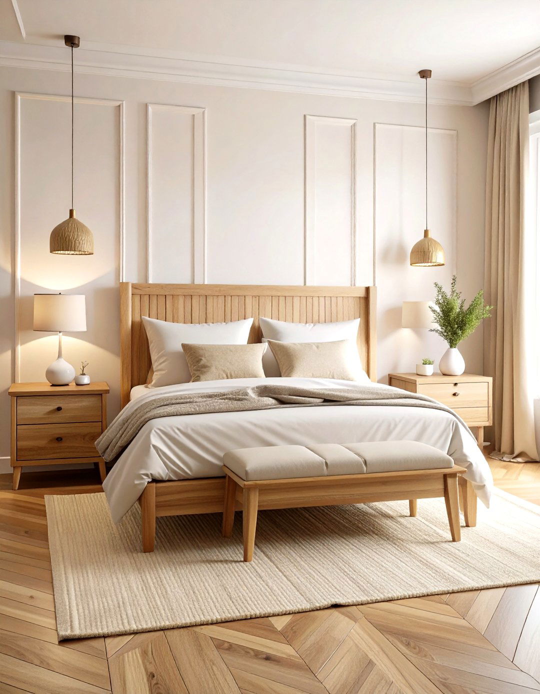 Natural Wood Accented White and Cream Bedroom - 20 White and Cream Bedroom Ideas