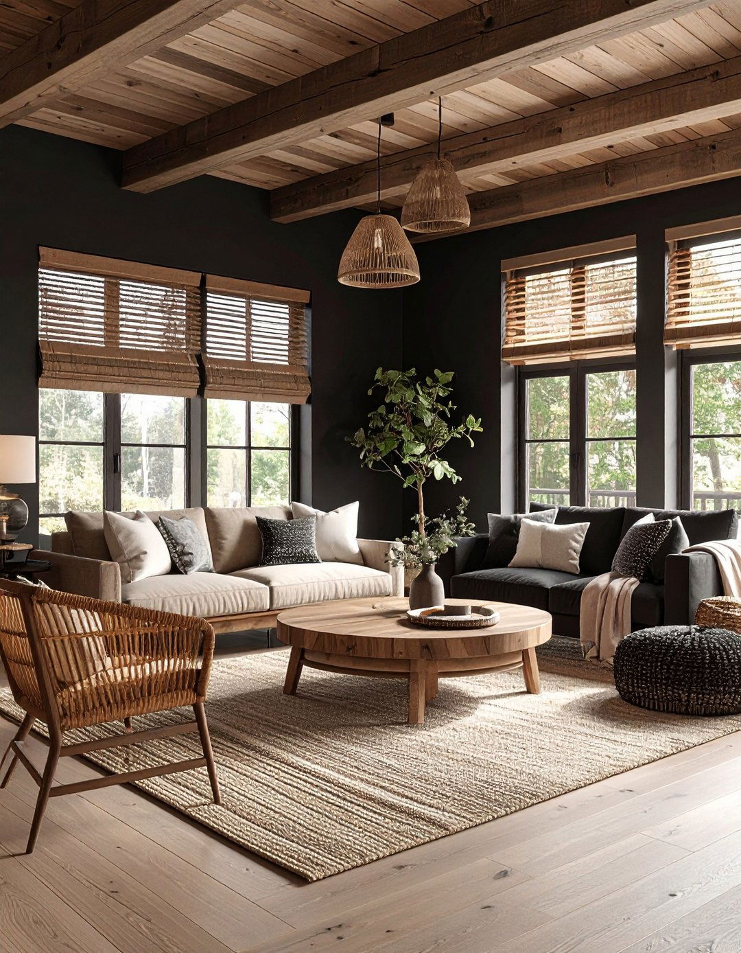Natural Wood Balances a Black Living Room Palette - 20 Black Living Room Ideas